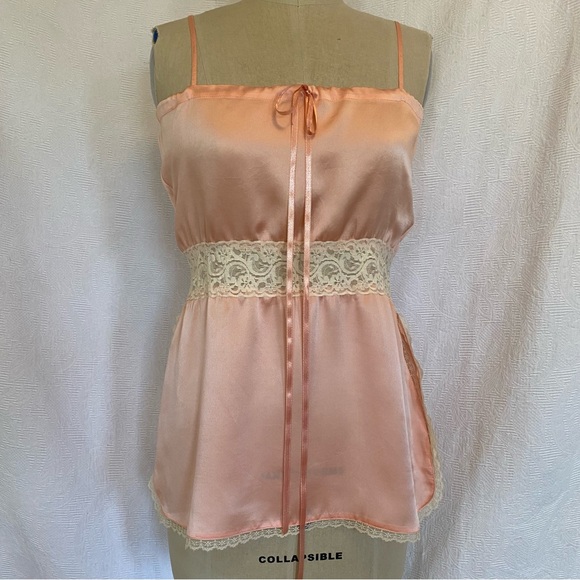 Pure silk S/M peach with ivory trim extra long camisole. - Picture 1 of 9